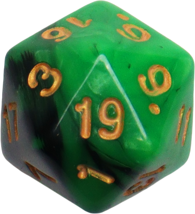 Närbild av en grön tjugosidig tärning med guldnummer, som används för bordrollspel som Dungeons and Dragons.