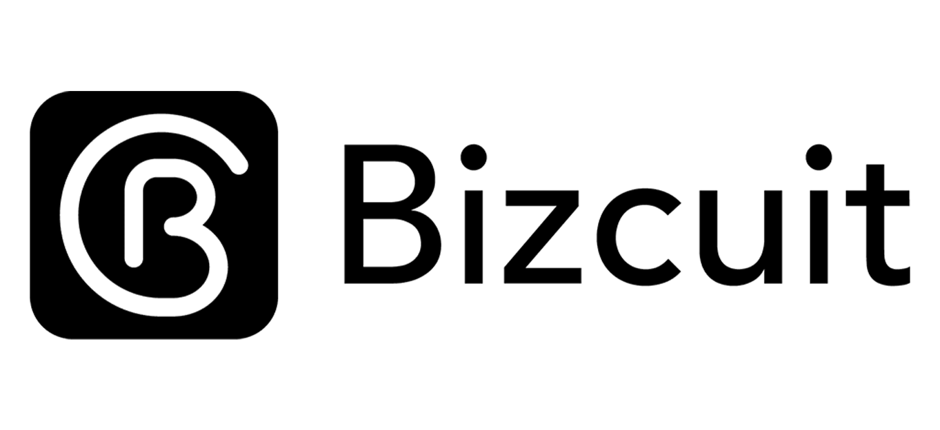 Bizcuit-logotyp med en rundad fyrkantig ikon och svart text.